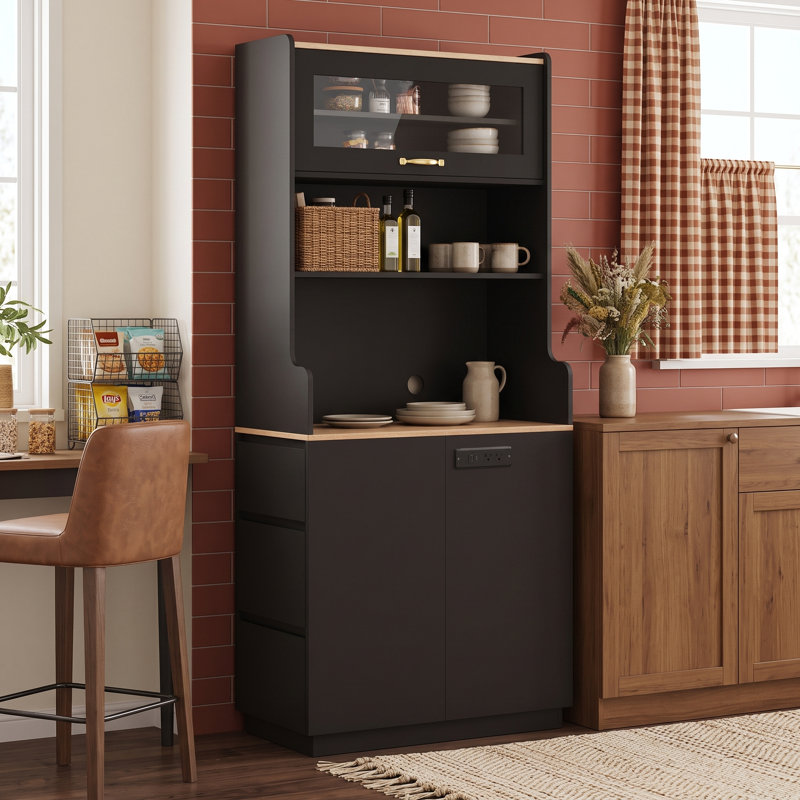 Armoire de rangement avec couvercle en verre rabattable, port de chargement USB, deux prises de courant et trois tiroirs
