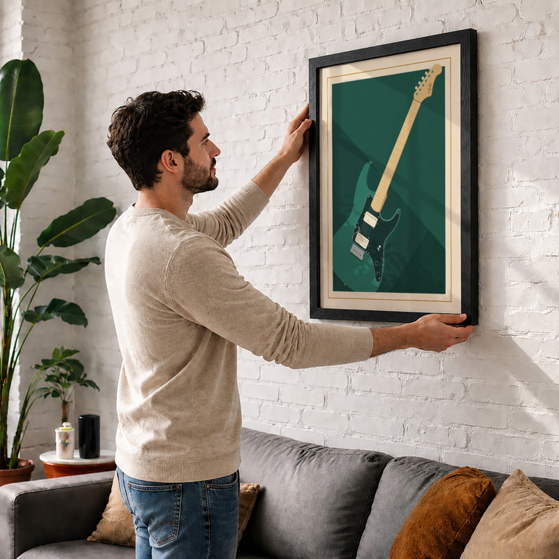 Teal Guitar Study Mid-Century - Framed Print, Walnut, A4 - 29.7 x 21.0 cm