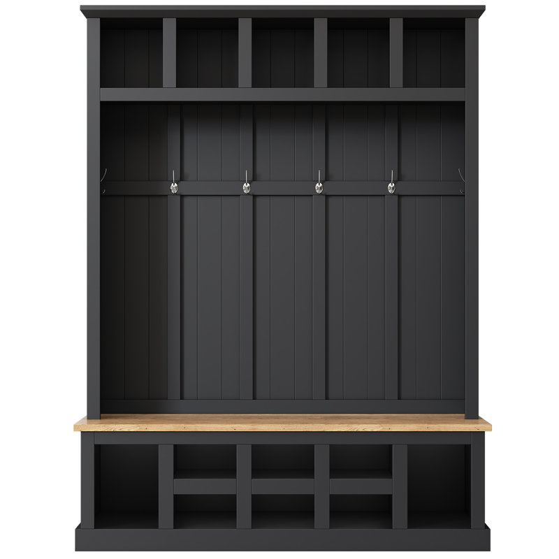 Farmhouse Wooden Style 78''H Modern Hall Tree With Wide Storage Seating Bench, Entryway Shoe Cabinet With 13 Compartments, Elegant Coat Rack With 6 Hooks For Mudroom, Living Room