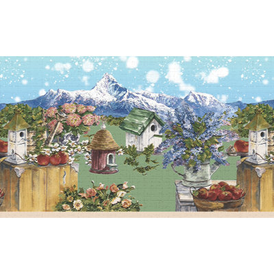 Green Blue Bird Houses Peel And Stick 15' L X 7'' W Wallpaper Border
