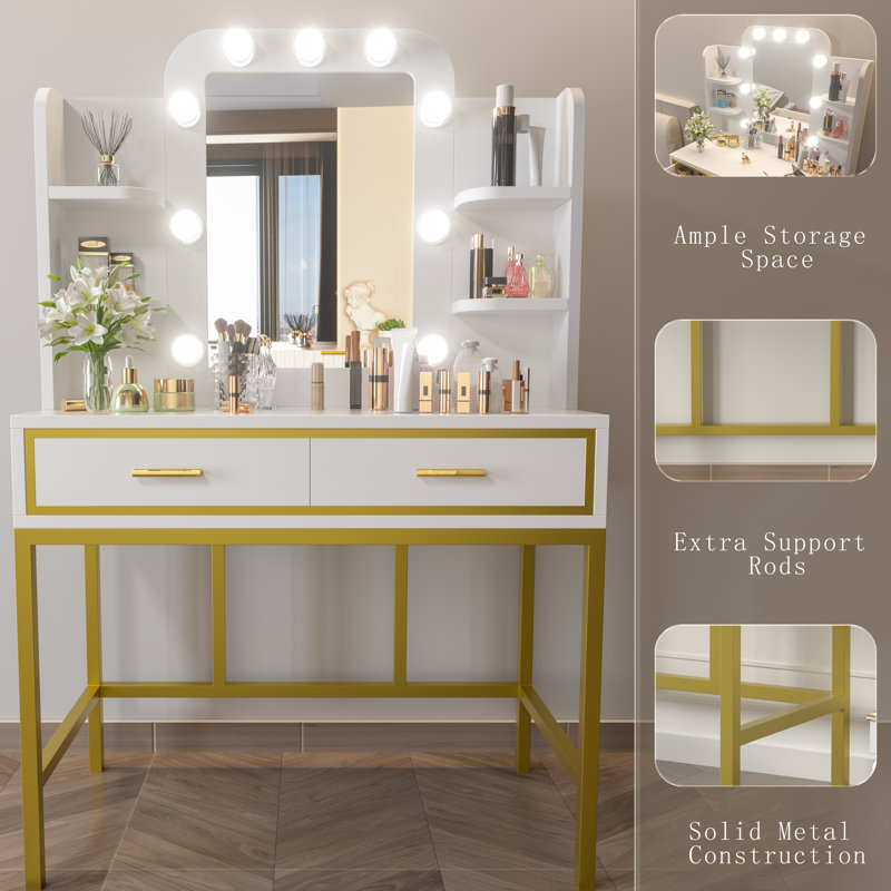 Coiffeuse avec miroir lumineux Thriston, Blanc / doré