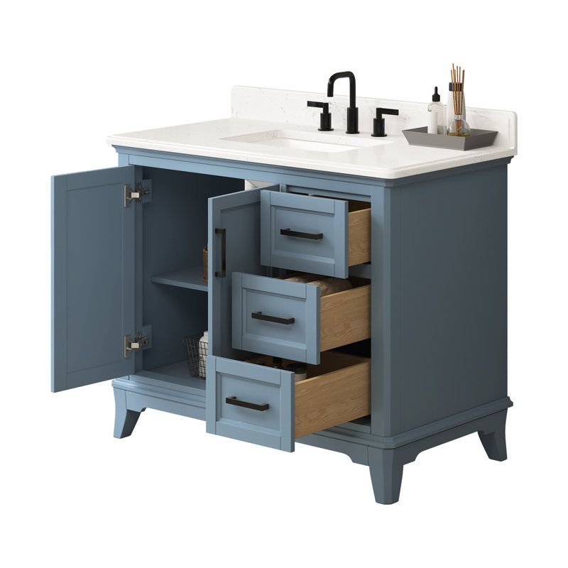 Meuble-lavabo autoportant avec comptoir en quartz, Bleu acier, 42"