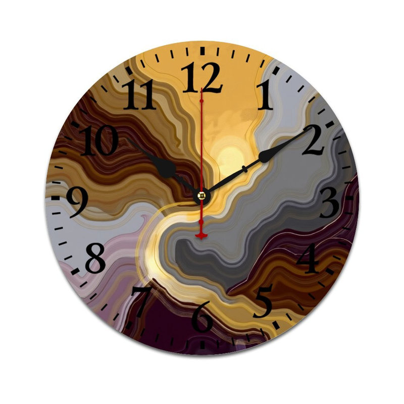 Décoration murale horloge ronde dorée et mauve abstraite 12 po x 12 po pour hall d'entrée et salon extérieur