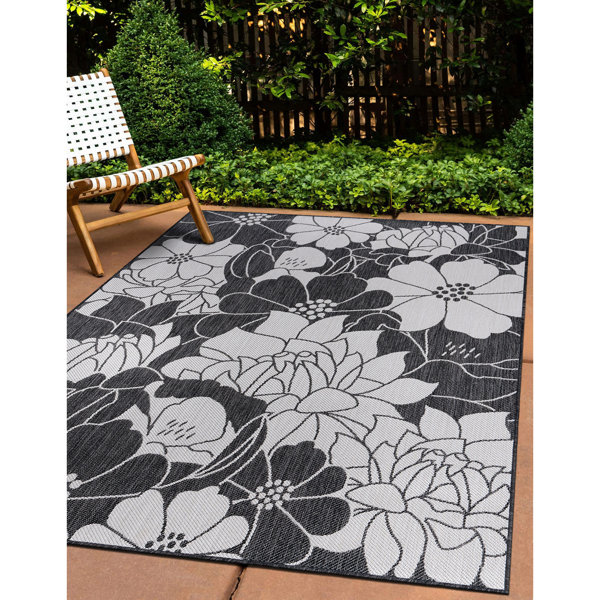 Lark Manor Antaeus Floral Black/Gray Indoor & Outdoor Area Rug ...