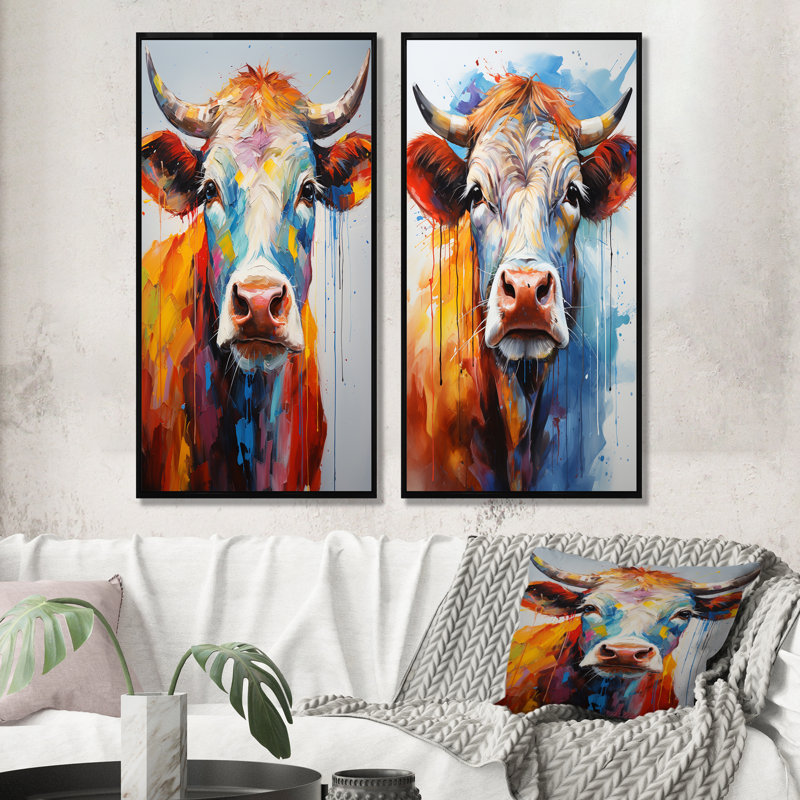Vache colorée expressionniste - ensemble de 2 décorations murales, H 40 po x l 41 po, Cadre noir
