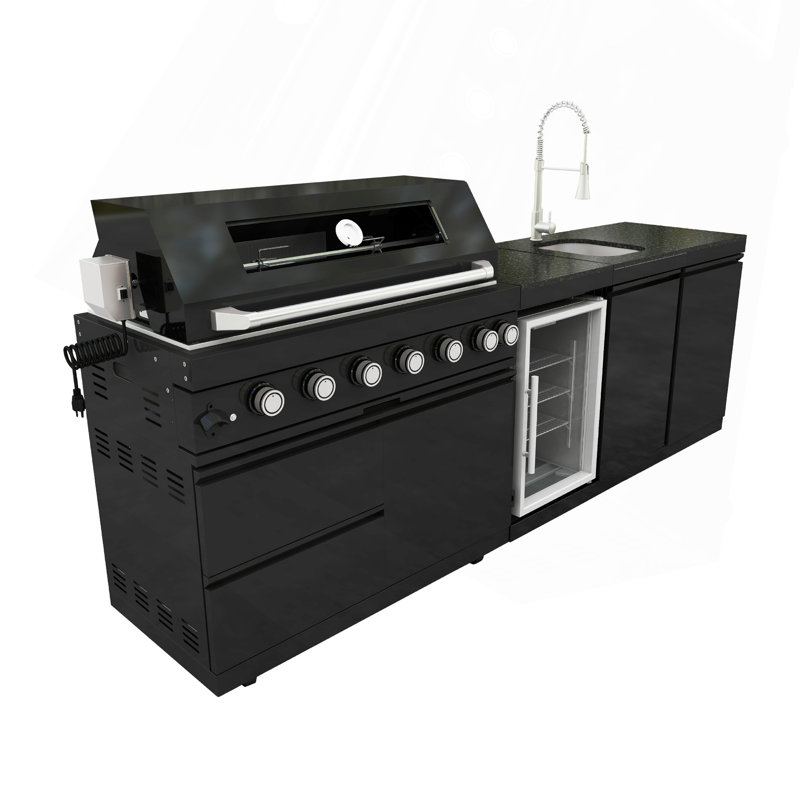 Gril pour îlot de cuisine en acier inoxydable de 101 pouces à 4 brûleurs de 72 000 BTU avec refroidisseur à vin, rôtissoire, comptoir et évier en granite de 101 po