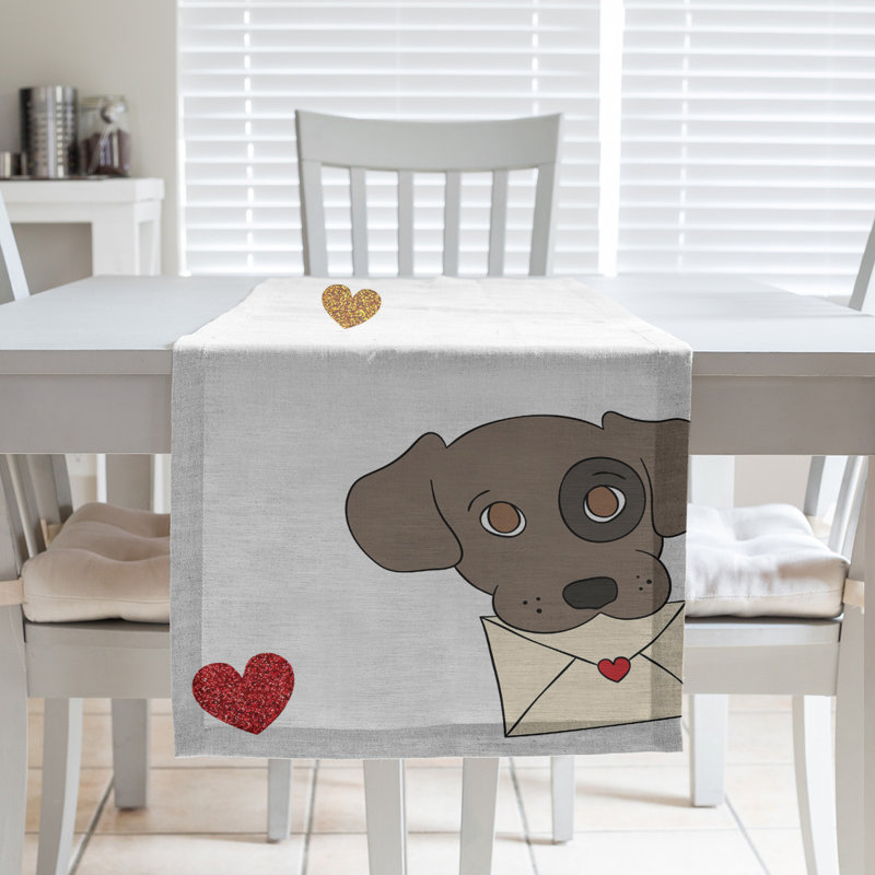 Chemin de table à la fête des chiens saint-valentin hol, L 90 po x l 16 po, Blanc cassé / brun / rouge, Polyester