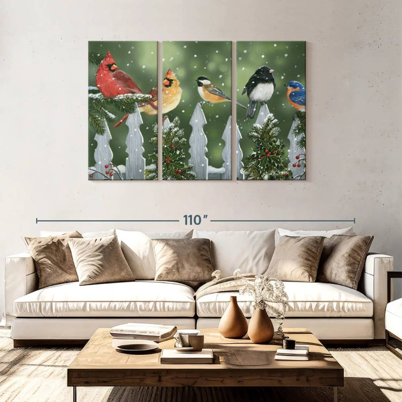 Oiseaux d'hiver Brampt sur une clôture enneigée, H 48 po x l 74 po