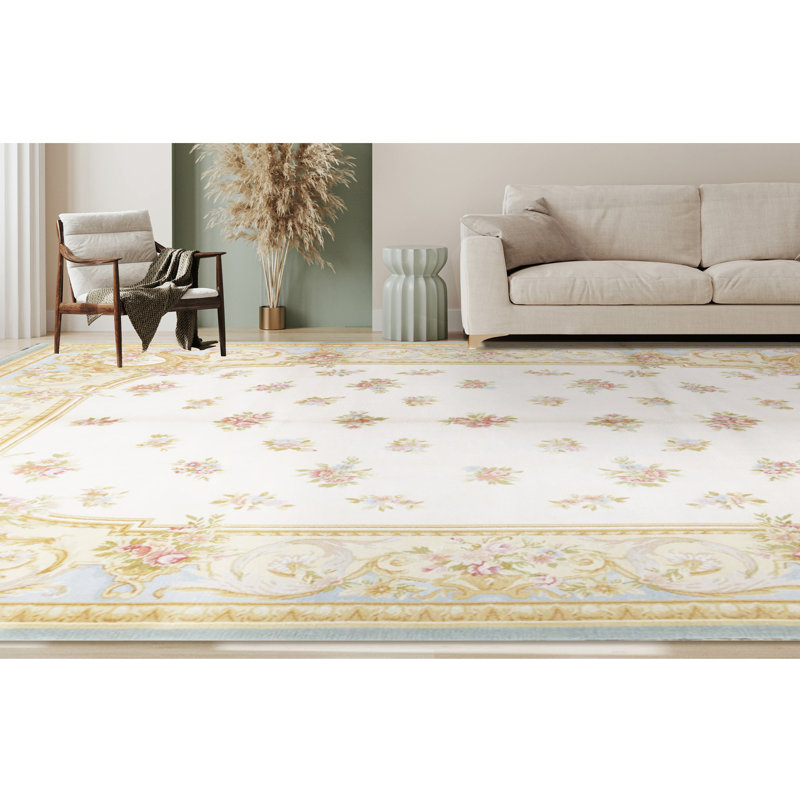 Tapis ivoire et bleu noué à la main de haute qualité