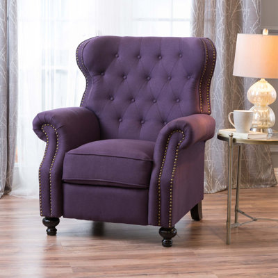 Fauteuil inclinable manuel moderne à 3 positions, revêtu de tissu, avec accoudoirs arrondis, garniture cloutée et pieds en bois d'hévéa, idéal pour le salon, la chambre ou le home cinéma.
