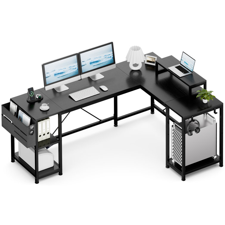 95 Inch 2-Person L-Shaped Long Reversible Computer Desk with Monitor Stand  - Costway