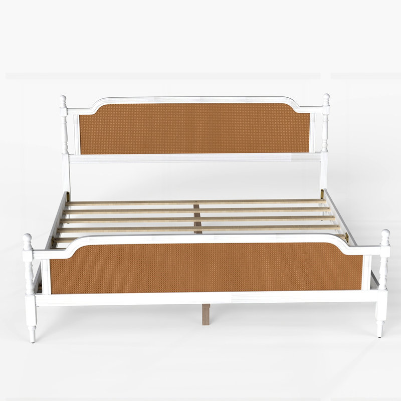 Structure de lit plateforme en rotin avec tête et pied de lit naturel, Blanc / noyer, Grand