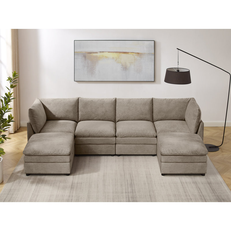  Canapé modulaire rembourré 6 pièces Cann avec 2 repose-pieds Cann, Mélange de polyester brun clair