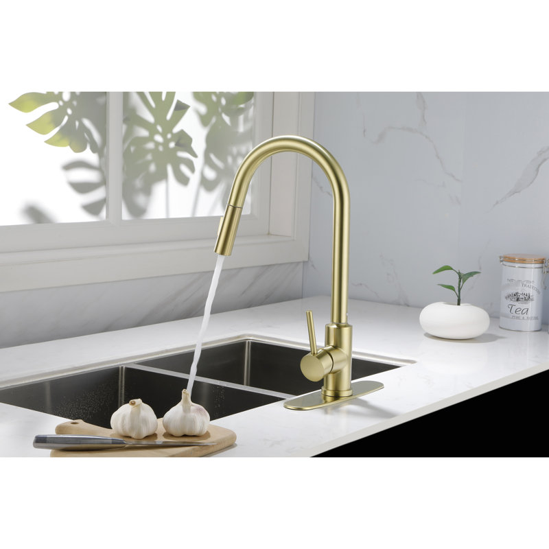 Pull Down Kitchen Faucet Of Golden Stainless Steel - 360 Turning High Nozzle, Single Handle For Smooth Water Temperature And Flow Management, Corrosion Rust-, 15.8 In. Depth, 10.18 Width, 9.03