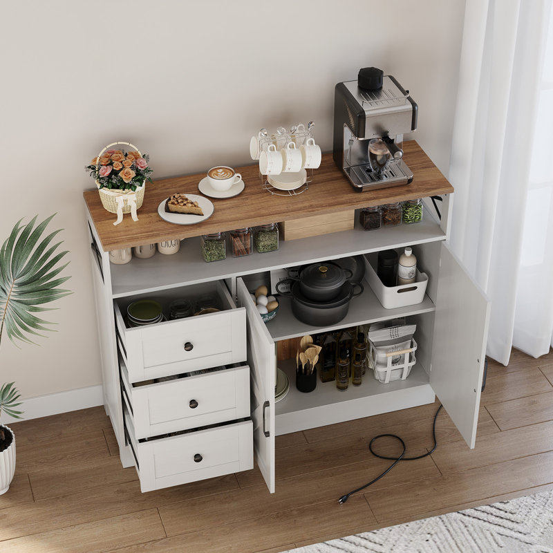 47.2 Inch Sideboard Buffet Cabinet with Built-in Power Outlets, Farmhouse Kitchen Buffet Storage Cabinet with 2 Barn Doors, 3 Drawers & a Large Open Shelf for Living Room, Dining Room, White