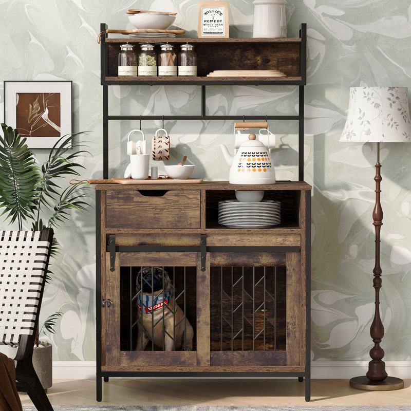2 IN 1 Rustic Dog Crate Side Cabinet Organizer, Hutch Kitchen Cabinet With Storage, Dog Kennel With Cup Board, Drawers