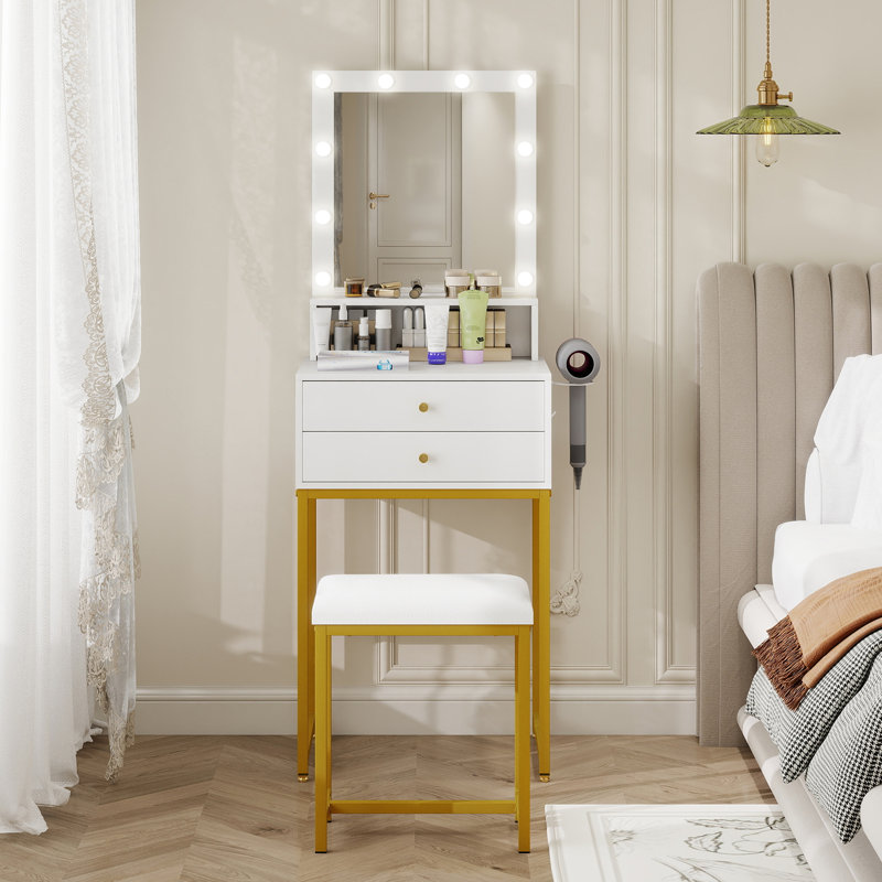 Bureau de coiffeuse avec miroir et lumières, coiffeuse de maquillage blanche avec tabouret de rangement