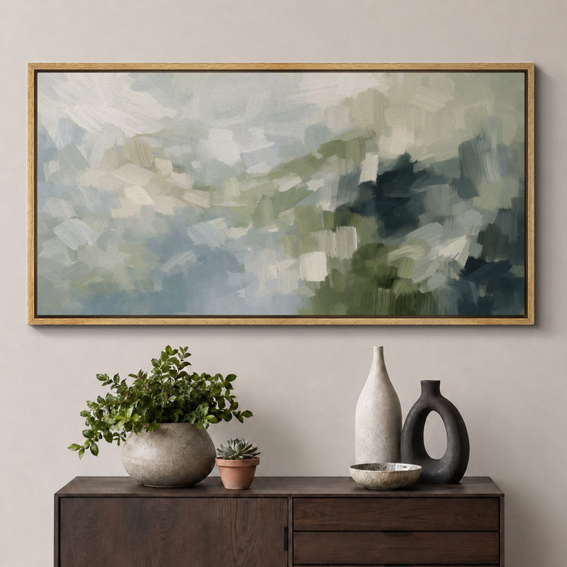 Composition abstraite vert bleu, art moderne, impression sur toile encadrée, Cadre naturel, H 30 po x l 60 po x P 1,5 po