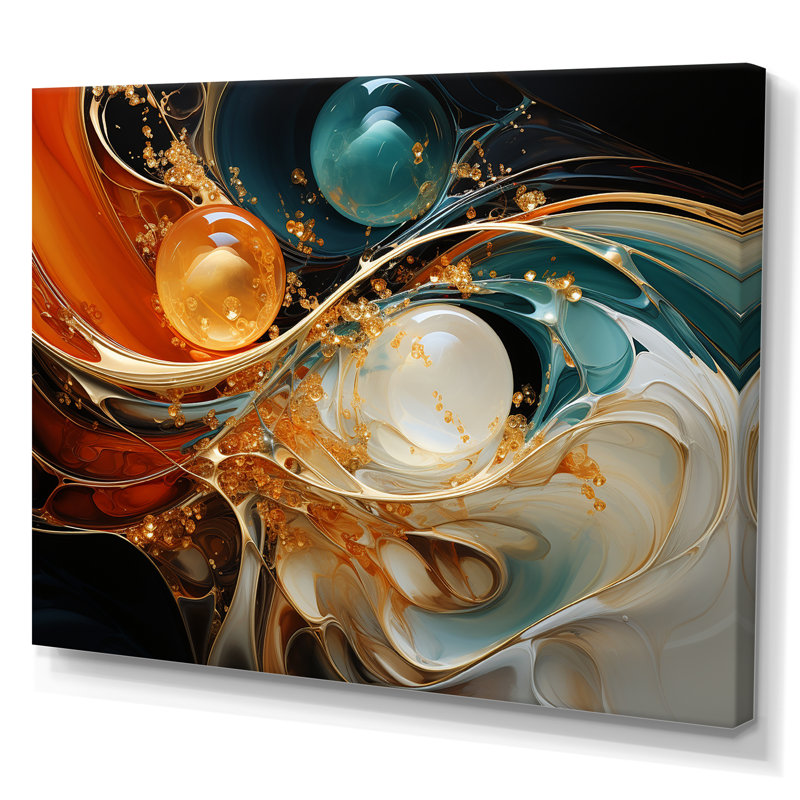 Planètes orange et or I - reproduction d'art sur toile, H 16 po x l 32 po x P 1 po, Toile tendue
