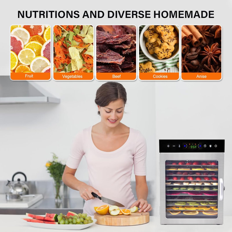 12 Stainless Steel Trays Food Dehydrators with Digital Timer and Temperature Control