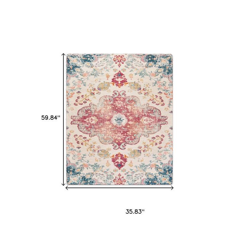 Tapis lavable délavé à médaillon ivoire et rose 3 pi x 5 pi