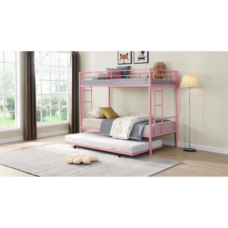 Lit superposé en métal rose avec lit gigogne - chambre à coucher moderne et élégante, solution peu encombrante, cadre pour la longévité, utilisation silencieuse et stable, capacité de bruit élevée, escalier sécuritaire, structure simple sur deux, facile à assembler