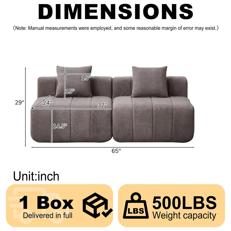 Canapé modulaire en chenille avec 2 coussins, Chenille gris