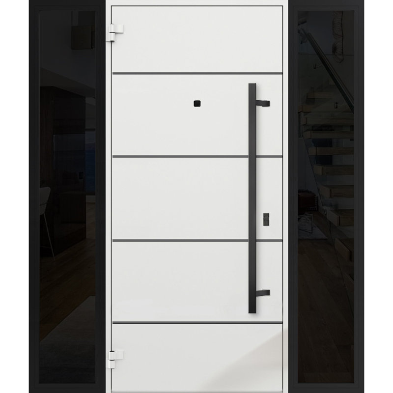 Porte avant en acier pré-suspendue à l'avant / deux en chêne naturel 6683/2 fenêtres latérales extérieures à l'extérieur / entrée en métal peint moderne l 14 + 36 + 14 po x H 80 po à droite