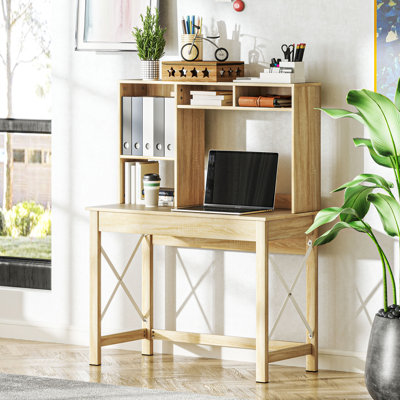 Bureau d'ordinateur avec rangement, table d'étude avec étagères, chêne