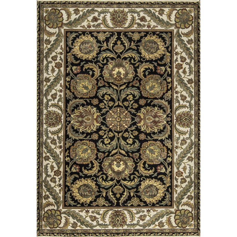 Tapis noir et ivoire de haute qualité noué à la main