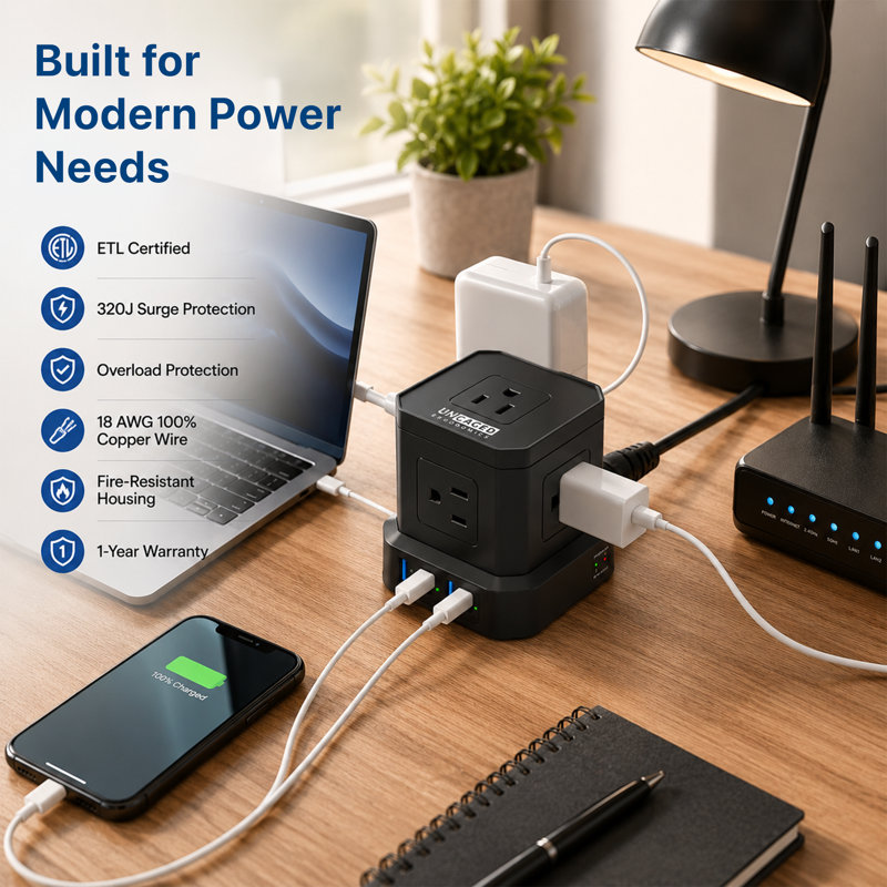 Cube Power Strip Surge Protector with USB-C, 5 AC Outlets and 10 Ft Cord , Black