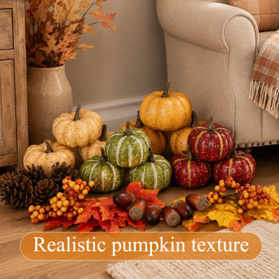 30‑Piece Faux Halloween Pumpkin Gift Set, Assorted Mini Pumpkins Maple Leaves Pinecones Acorns, Fall Porch Decor, Autumn Porch Ornaments, Indoor & Covered‑Outdoor Seasonal Decor for Tabletop Mantel
