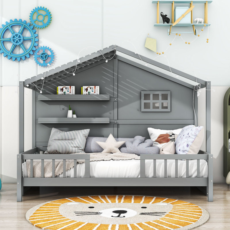 Lit simple en bois avec tablettes Trong, gris
