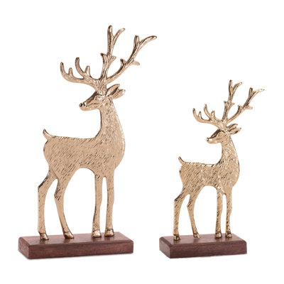 Metal Deer Figurines on Wood Base