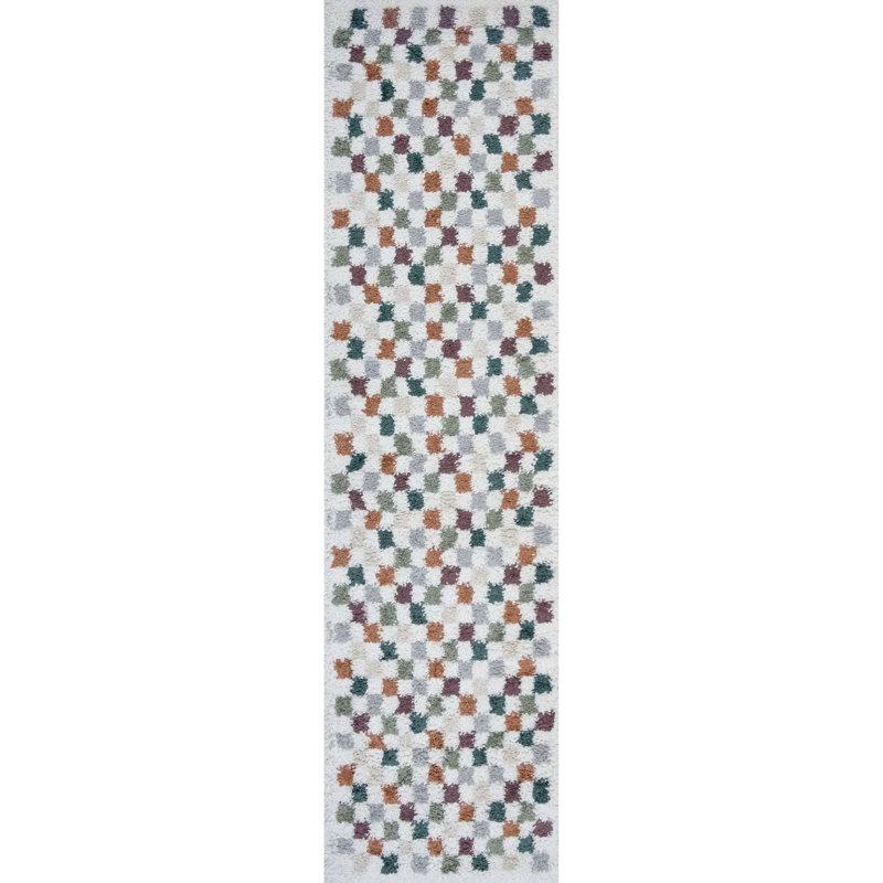 Moodi Modern Shaggy Area Rug Checkered Design, Runner 80 x 300 cm, Multicolour 