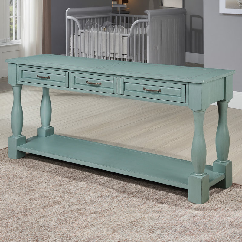 Parfait pour votre entrée! Console 63 pouces en bois bleu antique, matériau très épais, 3 tiroirs + 1 rangement sous la tablette, facile à assembler