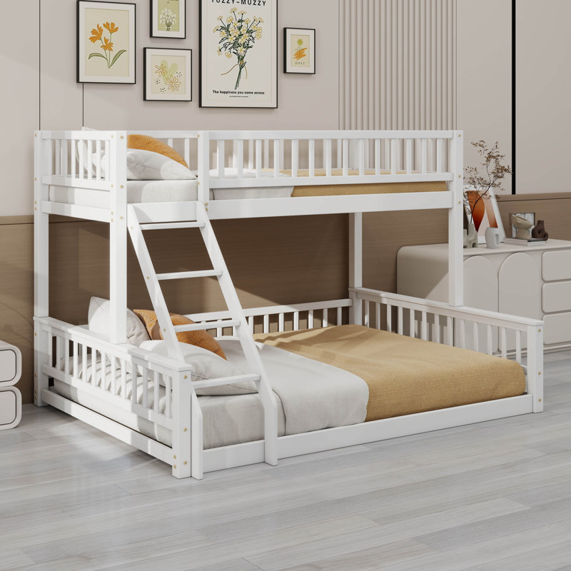 Twin XL Over Queen Bunk Bed, Floor Twin XL Over Queen Bunk Bed Frame With Ladder And Safety Guardrails, White