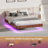 Walnut Queen Floating Bed Frame with LED Lights, Wave Curve Wood Texture, and Heavy Duty Metal Slats - No Box Spring Needed