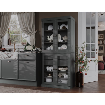 Kaniesha 100% Solid Wood 32" Pantry Cabinet with Clear Glass Doors, 2-Drawers and Adjustable Shelves