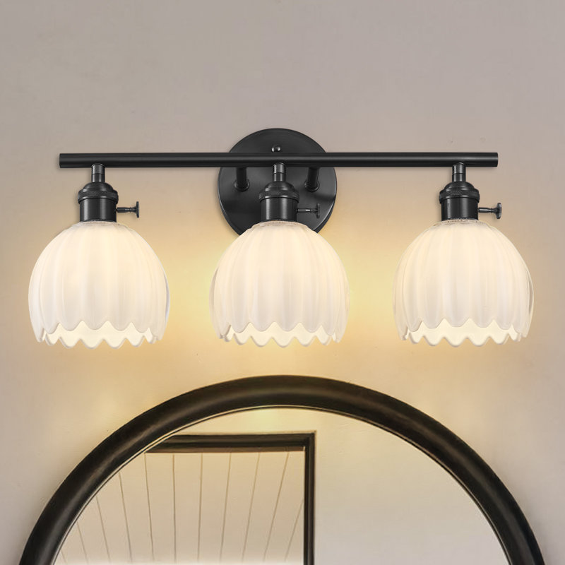 3 - Light Dimmable Bathroom Vanity Light With White Glass Shades, Matte Black, 9.17" H x 18.8" W x 6.8" D, 3 Lights