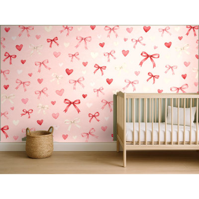 Hearts and Bows Coquette Wallpaper Mural, Peel and Stick Kids Room Wall Mural, Watercolor Nursery Wallpaper Made to Measure