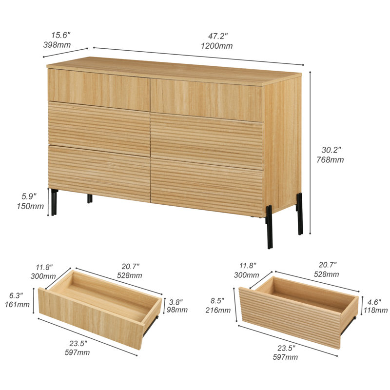 Commode rectangulaire à 6 tiroirs l 47,2 po Minimalist, Chêne