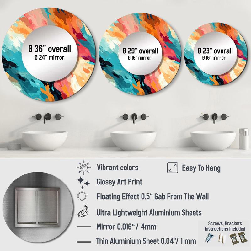 Multicolor Feather Fury - miroir abstrait, miroir mural décoratif rond moderne, impression d'art en métal, 23 po x 23 po