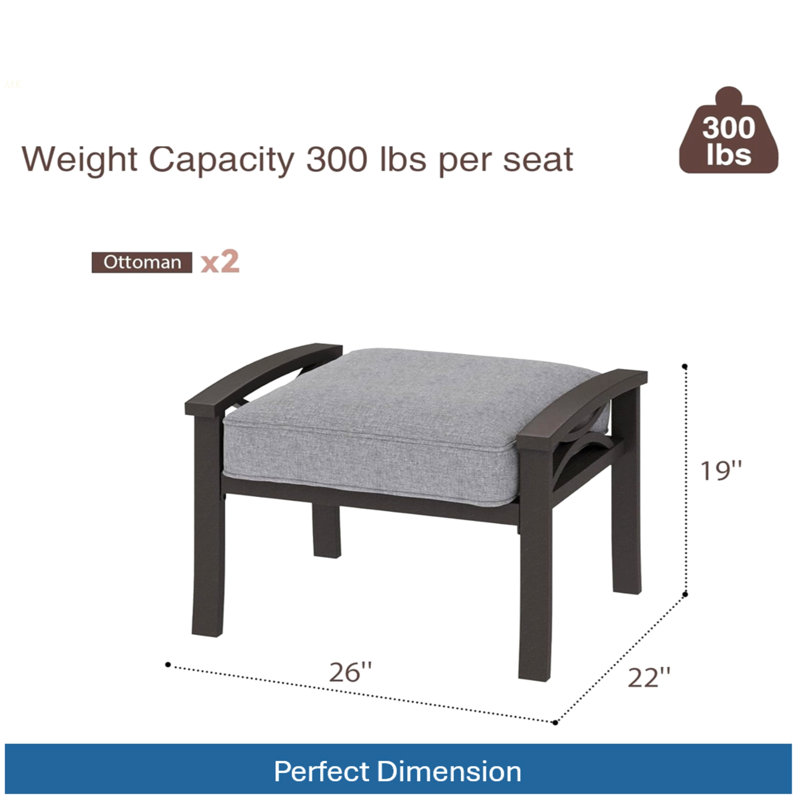 Set Of 2 All-Weather 26” Width Metal Ottomans, Khaki Frame With Gray Cushions, Gray, Khaki