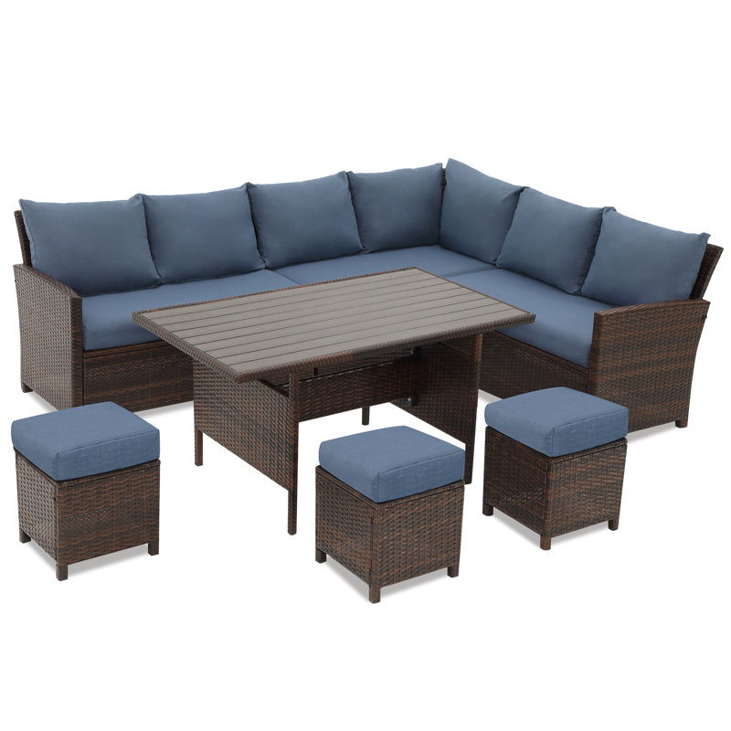 Cueva 7 Piece Rattan Sectional Seating Group with Cushions, Brown Frame/Blue Cushion