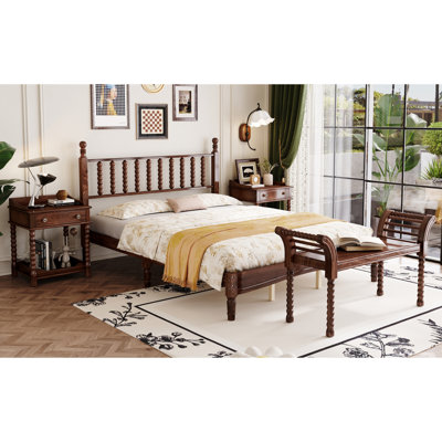 Ensemble de chambre à coucher de style rétro 4 pièces, grand lit plateforme avec tête de lit en forme de gourde, table de chevet et banc avec pieds tournés