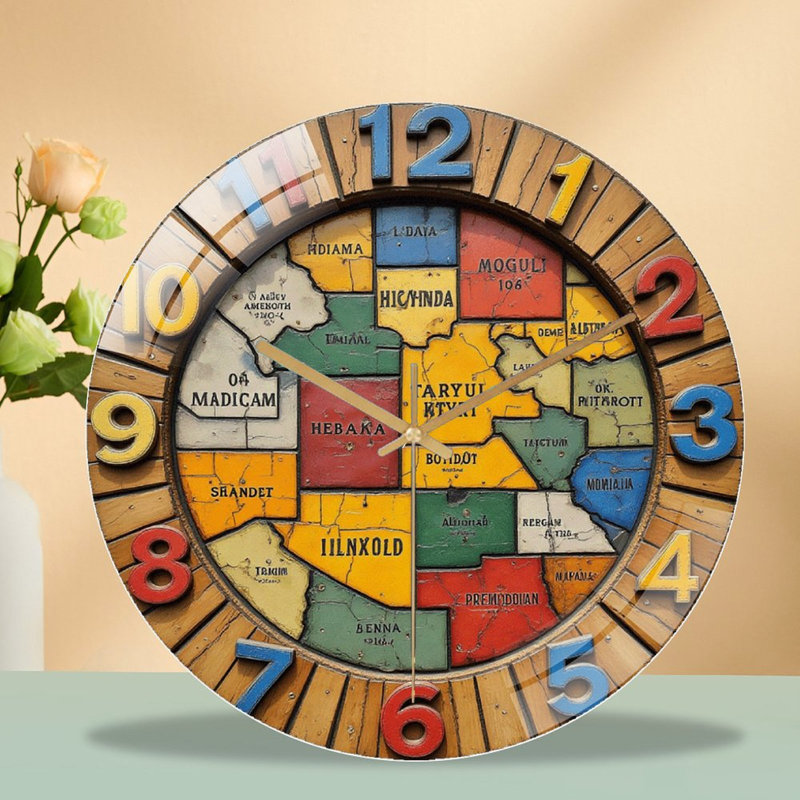 Vintage Map Decor Wall Clock Home Office Art Art - 12'' Modern Glass Wall Clock