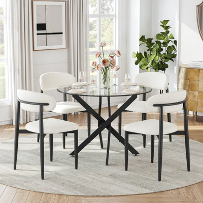 Modern Round Glass Dining Table Set For 4, 36" Tempered Glass Top And Rattan Velvet Upholstered Chairs For Small Dining Spaces