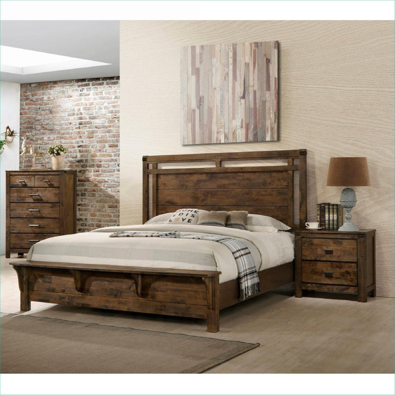 Grand lit plateforme rustique de style industriel avec pied de lit à encastrer, meubles de chambre à coucher en bois massif brun