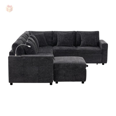 Versatile 6-Seater Pull-Out Sofa Bed with Adjustable Reading Lamp, Charging Ports, and Storage Ottoman for Modern Living